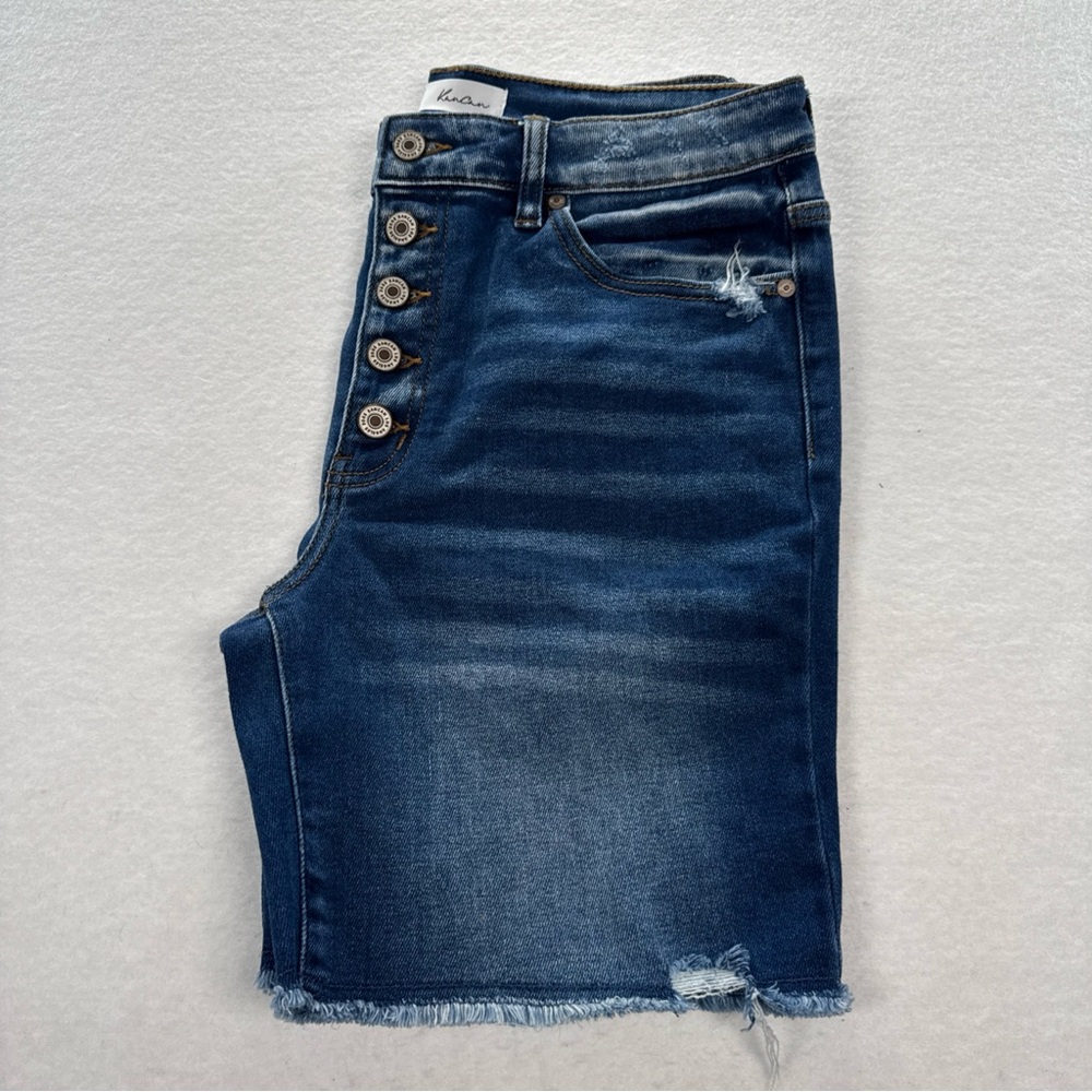 KanCan Dark Blue Distressed Denim Bermuda Shorts - Picture 9 of 9